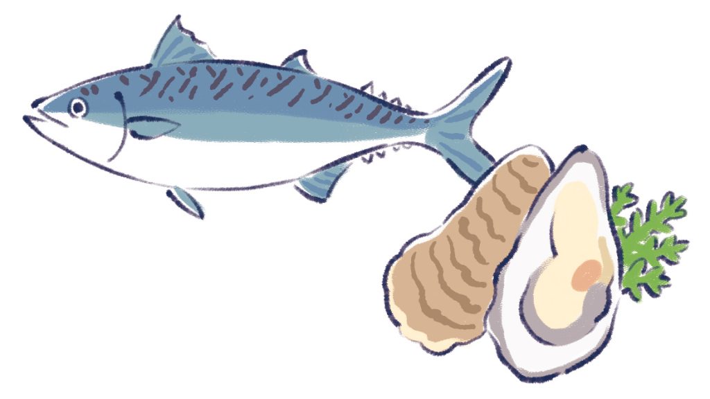 亜鉛などのミネラル類…牡蠣やサバなどの魚介類